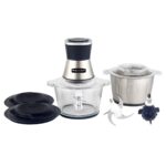 MONACOOK マルチチョッパー 型番: FC-J20 2段刃 スピード調整:2段階 本体以外は水洗い可 ニンニク専用皮むき器が付属 ボウル(ステンレスボウル 2L, ガラスボウル 1.8L) コード長さ: 約1m 消費電力: 100W AC100V 50/60Hz #54665