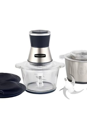 MONACOOK マルチチョッパー 型番: FC-J20 2段刃 スピード調整:2段階 本体以外は水洗い可 ニンニク専用皮むき器が付属 ボウル(ステンレスボウル 2L, ガラスボウル 1.8L) コード長さ: 約1m 消費電力: 100W AC100V 50/60Hz #54665