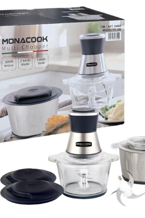 MONACOOK マルチチョッパー 型番: FC-J20 2段刃 スピード調整:2段階 本体以外は水洗い可 ニンニク専用皮むき器が付属 ボウル(ステンレスボウル 2L, ガラスボウル 1.8L) コード長さ: 約1m 消費電力: 100W AC100V 50/60Hz #54665